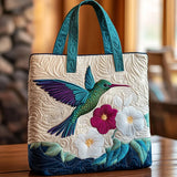Tuotekuva – Tikattu tote-laukku kolibri- ja valkoisella kukkakuviolla