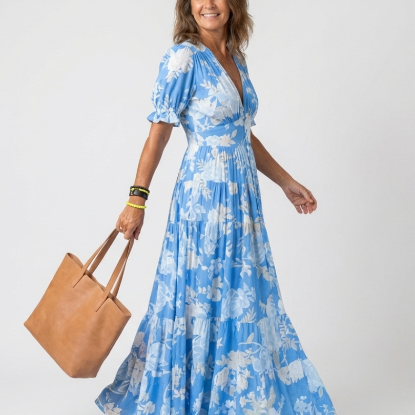 Juliette | Midi mekko kukilla, lyhyet hihat ja V-pääntie