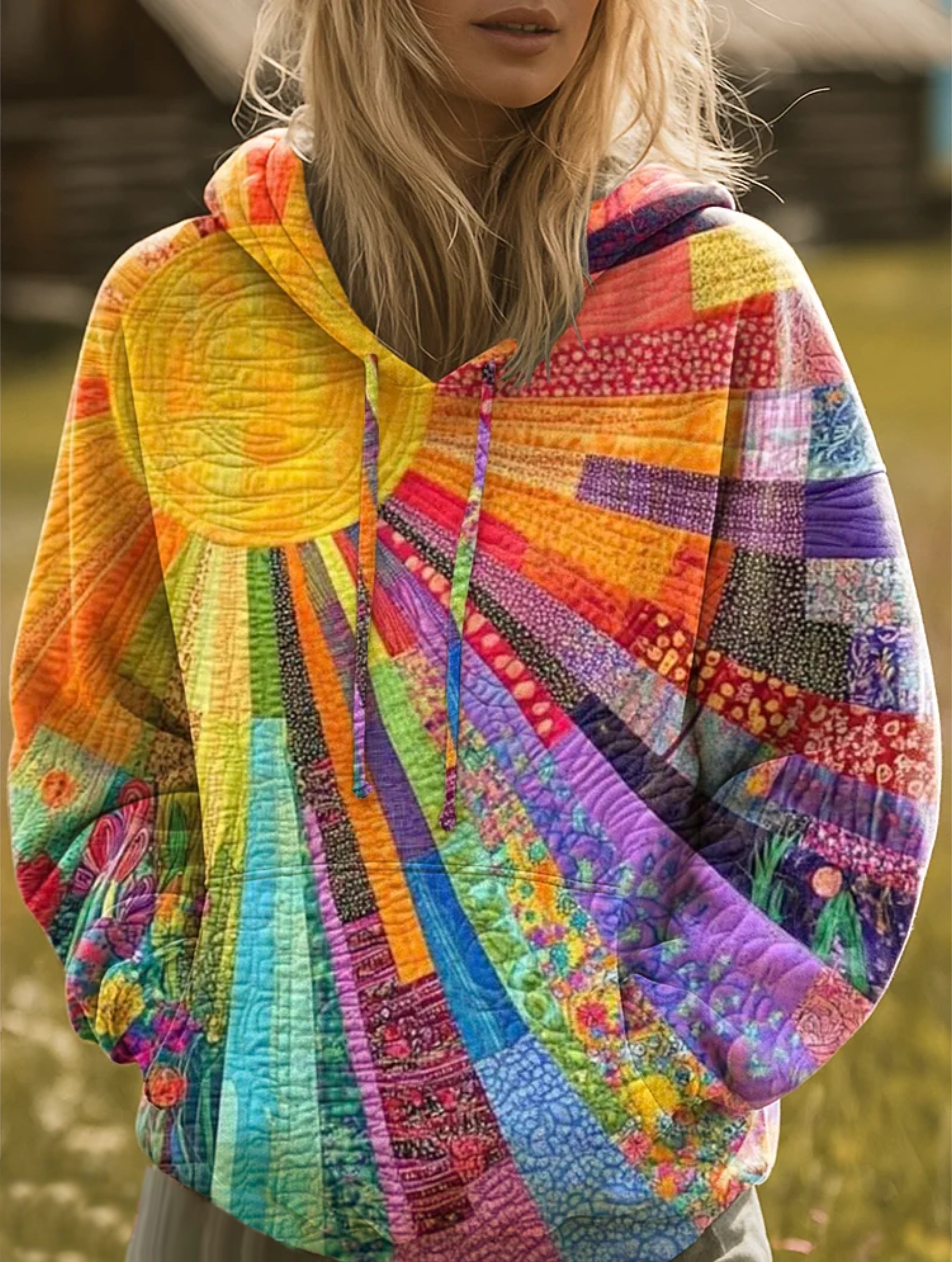 Tuotekuva – Laura™ – Patchwork-kuvioinen boho-henkinen huppari