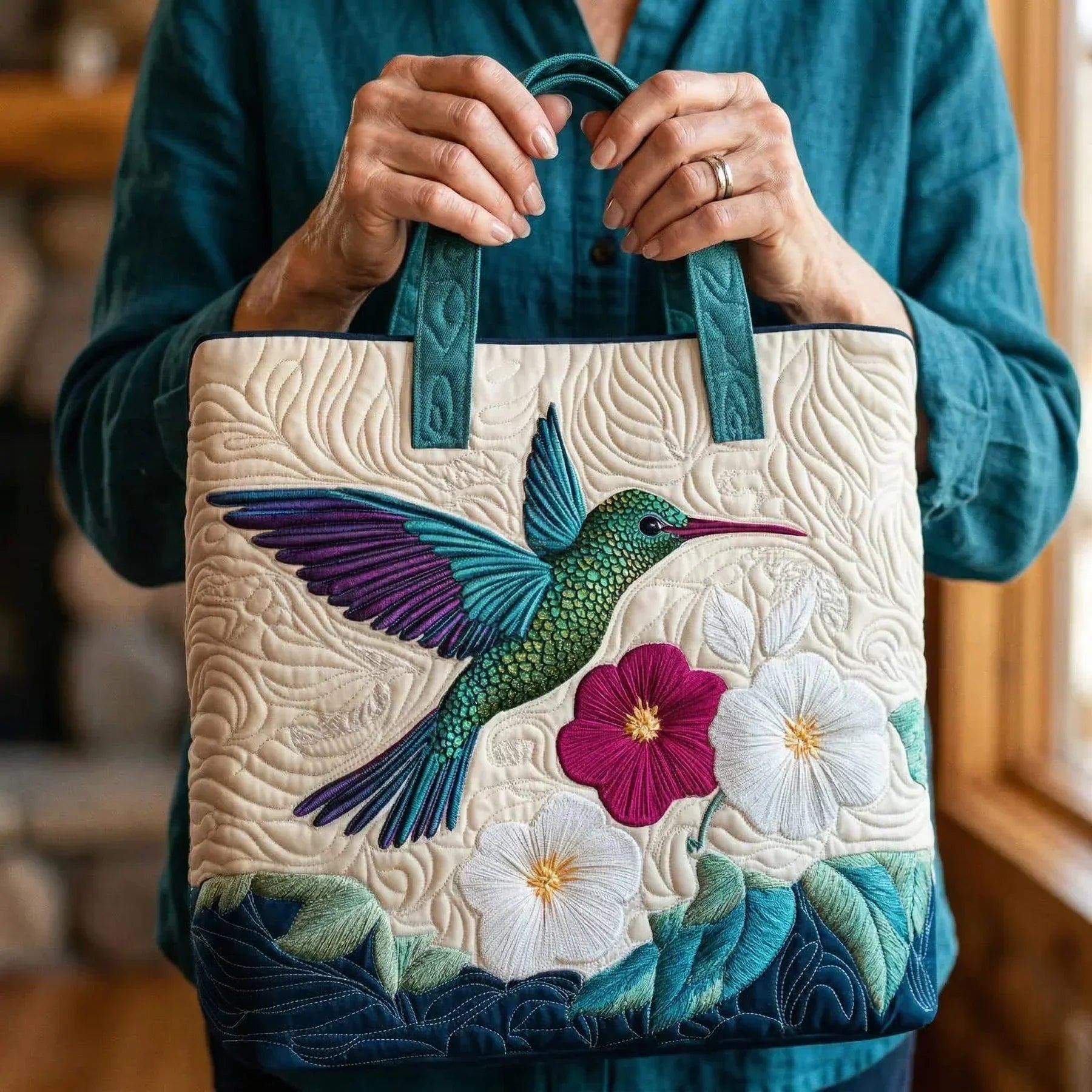 Tuotekuva – Tikattu tote-laukku kolibri- ja valkoisella kukkakuviolla